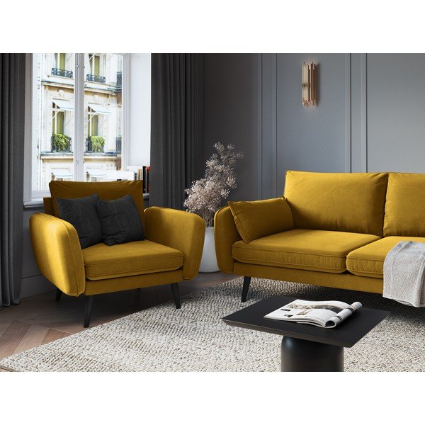 Žluté sametové křeslo s černými nohami Kooko Home Lento-image-4