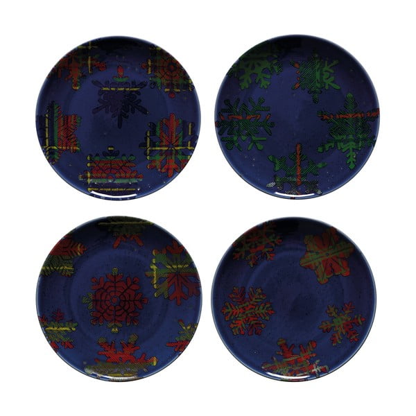 Sada 4 modro-červených dezertních talířů z kameniny Casafina Snowflake, ø 21,6 cm