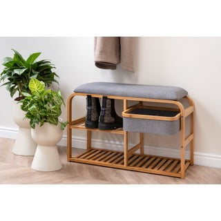 Bambusový botník s šedým polstrováním Leitmotiv Bench, šířka 70 cm