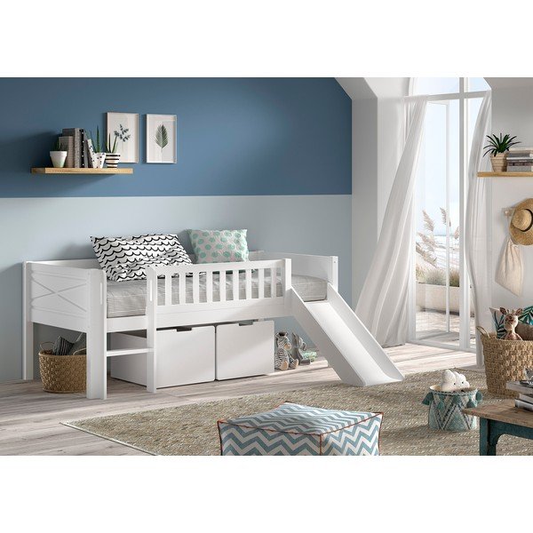 Bílá vyvýšená dětská postel z borovicového dřeva s úložným prostorem s roštem 90x200 cm Scott – Vipack-image-1