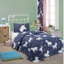 Set přehozu přes postel a povlaku na polštář s příměsí bavlny Eponj Home Magic Unicorn Dark Blue, 160 x 220 cm