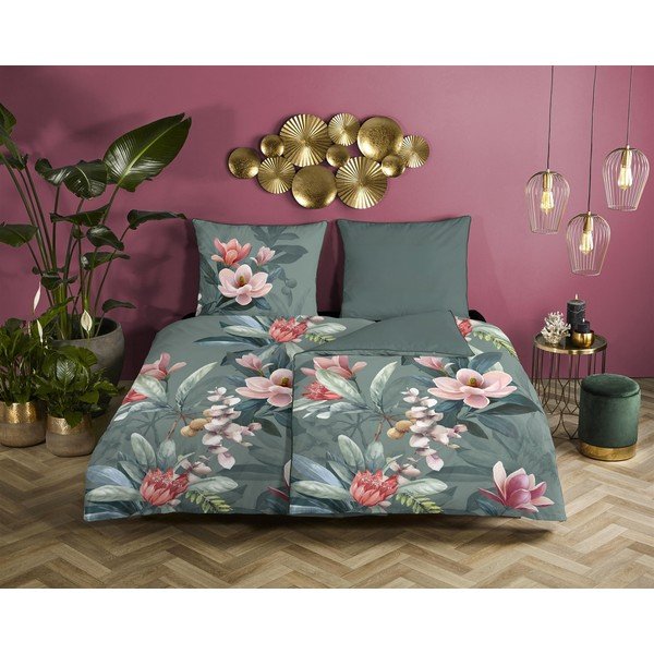 Zelené povlečení na jednolůžko z organické bavlny Descanso Rose, 140 x 220 cm-image-1