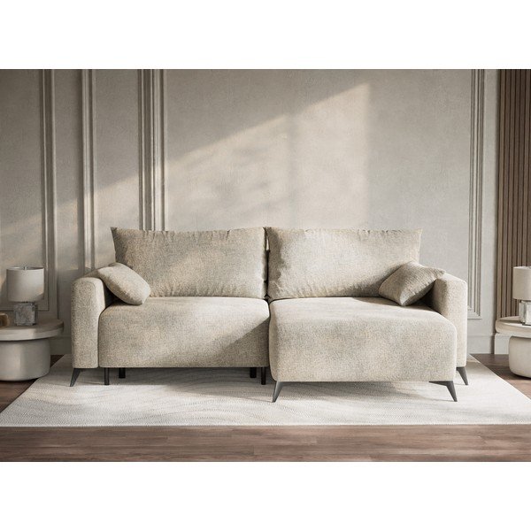 Béžová žinylková rozkládací/s úložným prostorem rohová pohovka (pravý roh/s lenoškou) Leon – Maison de Rêve-image-1