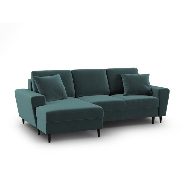 Sametová rozkládací/s úložným prostorem rohová pohovka v petrolejové barvě (levý roh/s lenoškou) Kyoto – Cosmopolitan Design-image-1