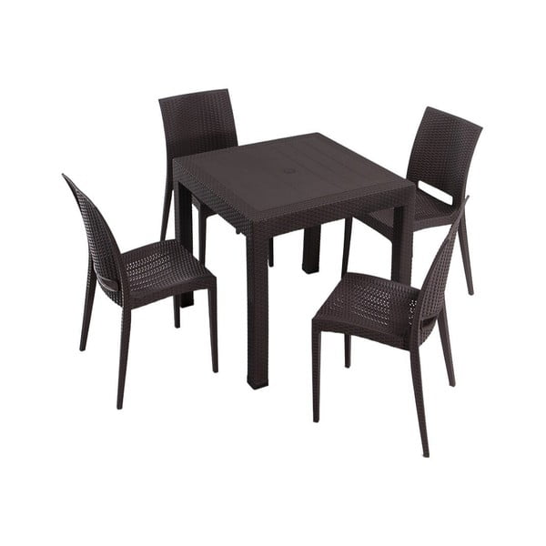 Tmavě hnědý zahradní jídelní set z umělého ratanu pro 4 Rattan – Floriane Garden