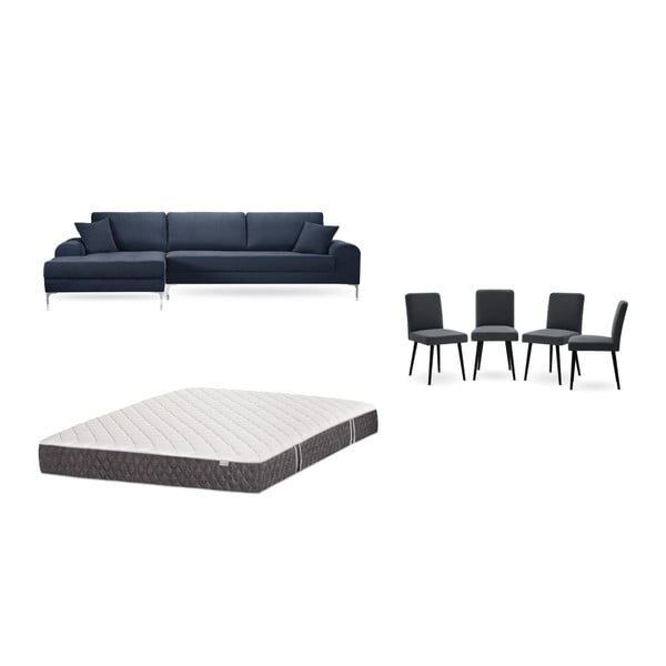 Set tmavě modré pohovky s lenoškou vlevo, 4 antracitově šedých židlí a matrace 160 x 200 cm Home Essentials