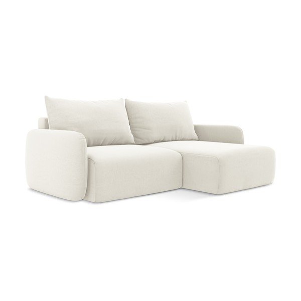 Krémová sametová rozkládací/s úložným prostorem rohová pohovka (pravý roh/s lenoškou) Kalena – Makamii-image-2