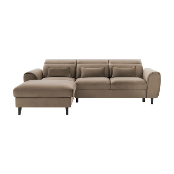 Světle hnědá sametová rozkládací/s úložným prostorem rohová pohovka (levý roh/s lenoškou) Foble – ELTAP