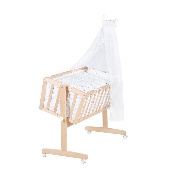 Kolébka z bukového dřeva na kolečkách/s nebesy 40x90 cm v přírodní barvě – Roba-image-2
