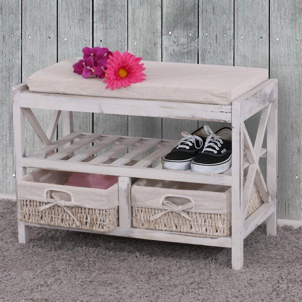 Bílý dřevěný botník s lavicí Mendler Shabby-image-1