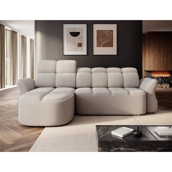 Béžová rozkládací/s úložným prostorem rohová pohovka z textilie bouclé (levý roh/s lenoškou) Beneth – ELTAP-image-1