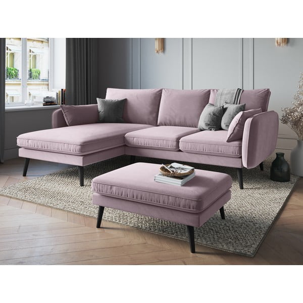 Světle růžová sametová rohová pohovka s černými nohami Kooko Home Lento, levý roh-image-1