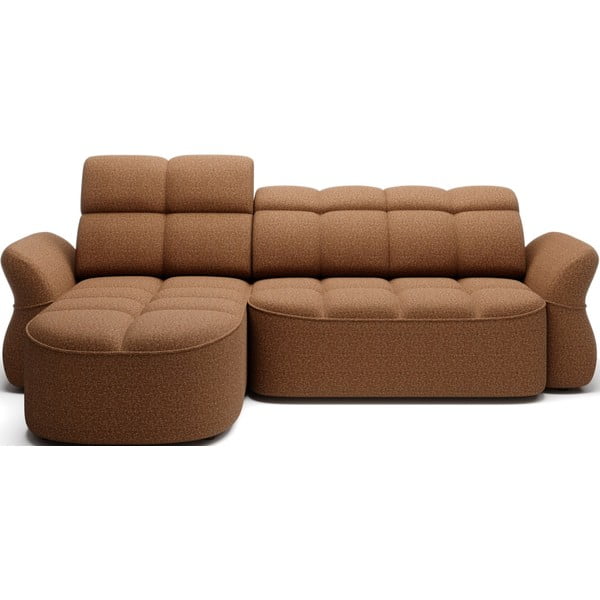 Žlutá/hnědá sametová rozkládací/s úložným prostorem rohová pohovka (levý roh/s lenoškou) Beneth – ELTAP