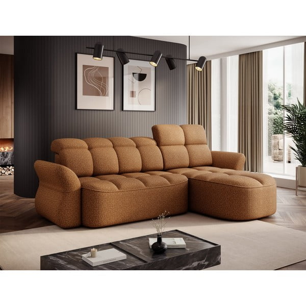 Žlutá/hnědá sametová rozkládací/s úložným prostorem rohová pohovka (pravý roh/s lenoškou) Beneth – ELTAP-image-1