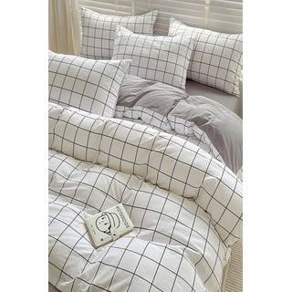 Bílo-šedé prodloužené povlečení na jednolůžko z bavlny Renforcé s prostěradlem/3dílné 160x220 cm Checkered – Mila Home