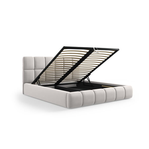 Světle šedá sametová čalouněná dvoulůžková postel s úložným prostorem s roštem 200x200 cm Bellis – Micadoni -image-2