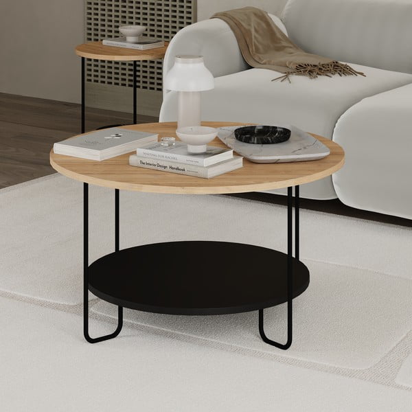 Kulatý konferenční stolek s deskou v dubovém dekoru v černo-přírodní barvě ø 80 cm Tonka – Marckeric-image-2