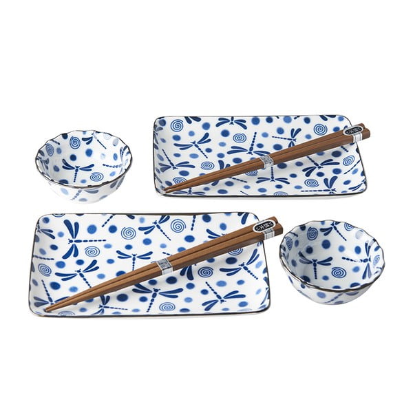 6dílný set modro-bílého keramického nádobí na sushi MIJ Blue Dragonfly