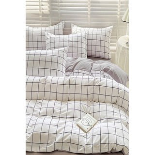 Bílo-šedé prodloužené povlečení na jednolůžko z bavlny Renforcé s prostěradlem/3dílné 160x220 cm Checkered – Mila Home