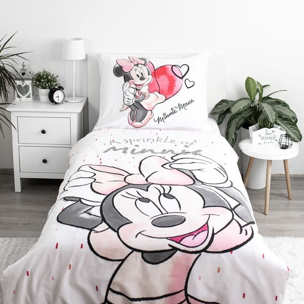 Bílo-růžové bavlněné dětské povlečení na jednolůžko 140x200 cm Minnie "White" – Jerry Fabrics-image-1