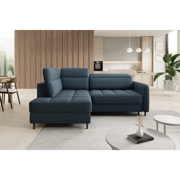 Modrá sametová rozkládací/s úložným prostorem rohová pohovka (levý roh/do L) Barea – ELTAP-image-3