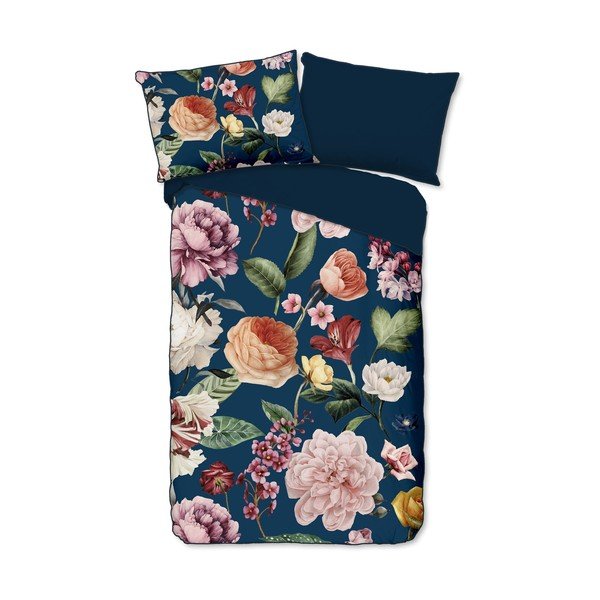 Tmavě modré povlečení na jednolůžko/prodloužené z bavlněného saténu 140x220 cm Fiori – Descanso