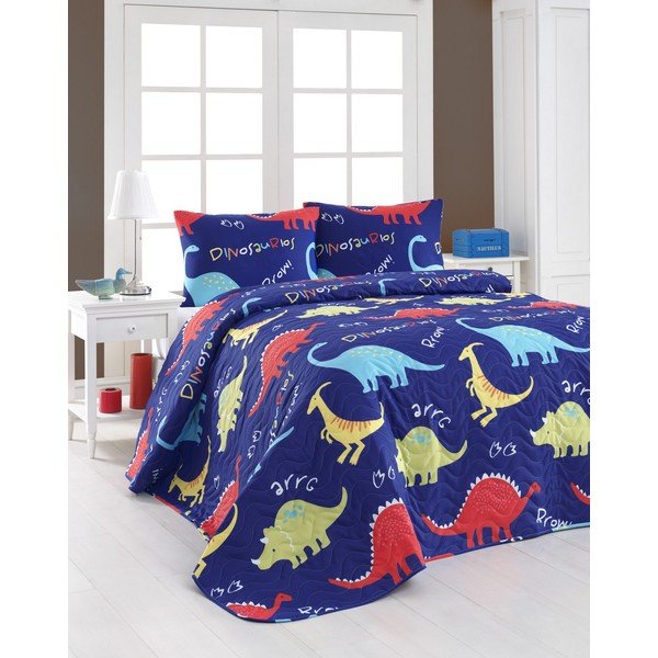 Set prošívaného přehozu a 2 povlaků na polštáře Eponj Home Dinazorus Blue, 200 x 220 cm
