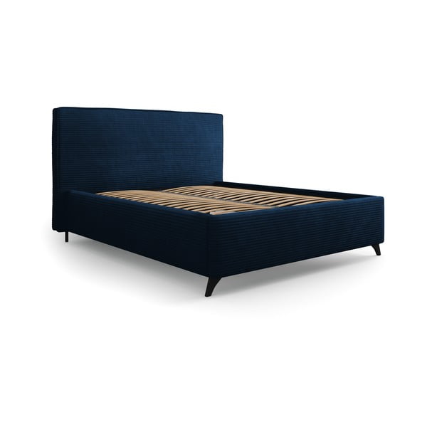 Tmavě modrá čalouněná dvoulůžková postel s úložným prostorem a roštem 140x200 cm Malou – Milo Casa