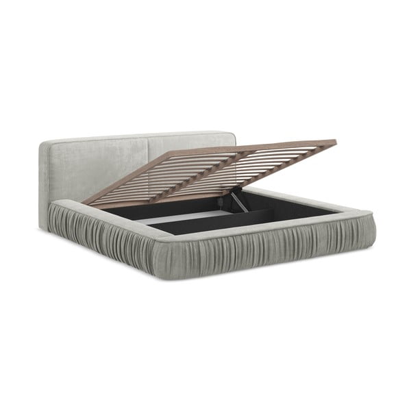 Světle šedá čalouněná dvoulůžková postel s úložným prostorem s roštem 160x200 cm Keoni – Makamii-image-1