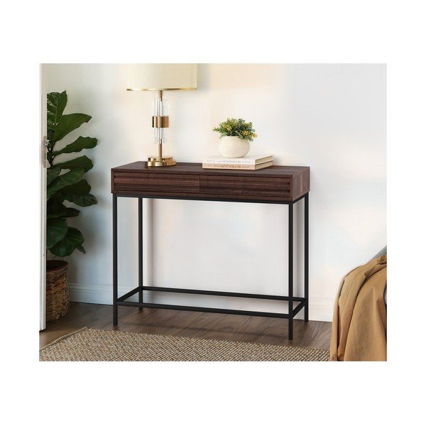 Tmavě hnědý konzolový stolek s deskou v dekoru ořechového dřeva 35x90 cm Celine – Støraa-image-1