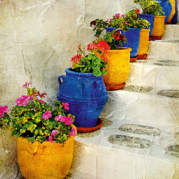 Obraz s motivem květin Flower Pots And Stairs, 45 x 45 cm