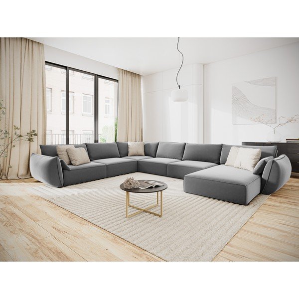 Světle šedá sametová rohová pohovka (levý roh/do "U") Vanda – Mazzini Sofas-image-1