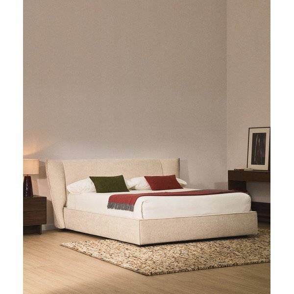 Béžová čalouněná dvoulůžková postel z žinylky s úložným prostorem s roštem 180x200 cm Arvian – Kave Home-image-1