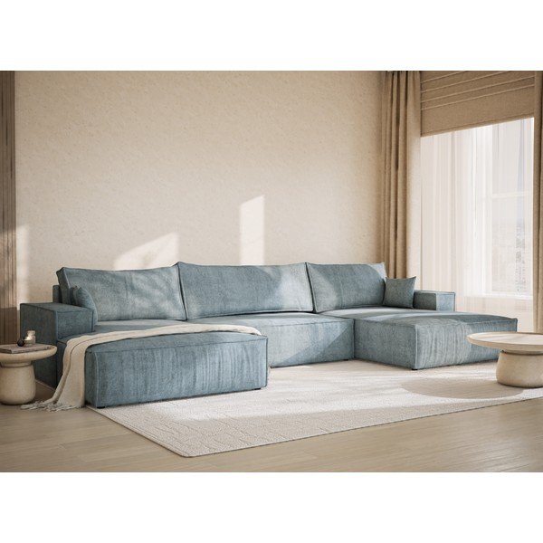 Světle modrá žinylková rozkládací/s úložným prostorem rohová pohovka (do "U") Kyoto – Maison de Rêve-image-1