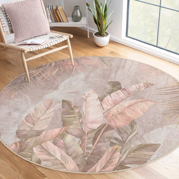 Světle růžový pratelný kulatý koberec ø 100 cm Dusty Leaves – Mila Home-image-1