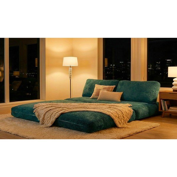 Zelenomodrá rozkládací pohovka z textilie bouclé 150 cm Faster – Mauro Ferretti-image-1