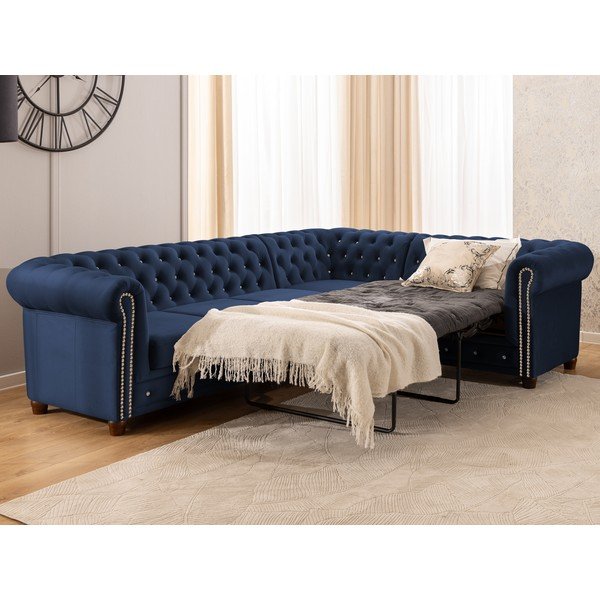 Modrá sametová rozkládací rohová pohovka (pravý roh/do L) York Blik – Ropez-image-4