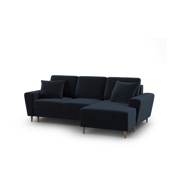Tmavě modrá sametová rozkládací/s úložným prostorem rohová pohovka (pravý roh/s lenoškou) Kyoto – Cosmopolitan Design-image-1