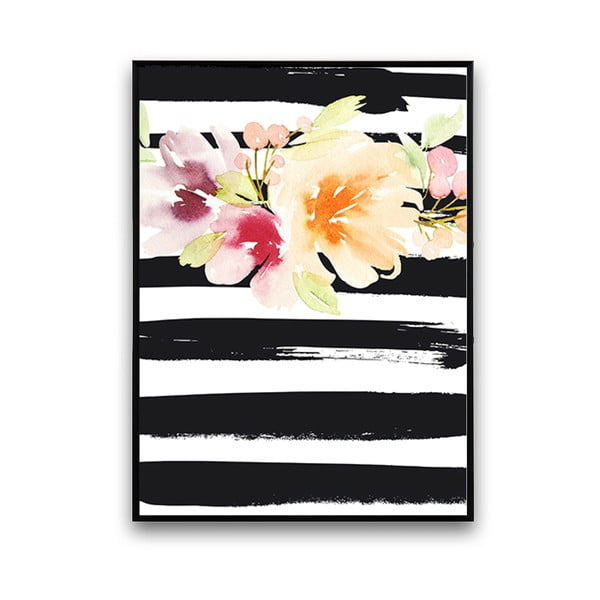 Plakát s květinami, černo-bílé pruhované pozadí, 30 x 40 cm