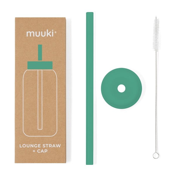 Silikonové brčko s čistícím kartáčkem/s víčkem Frosted Green – Muuki