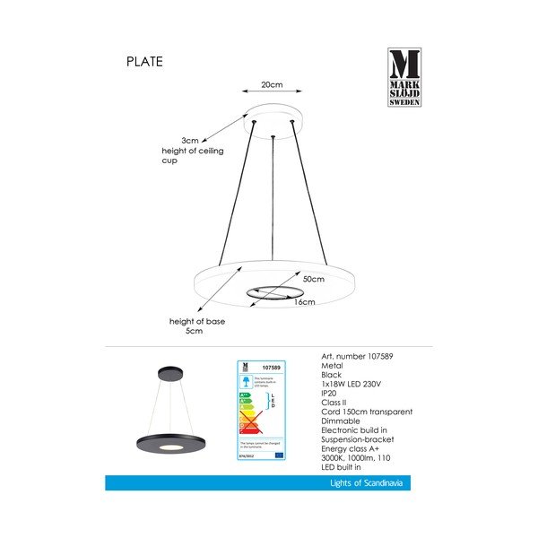 Černé závěsné svítidlo Markslöjd Plate, ø 50 cm-image-1