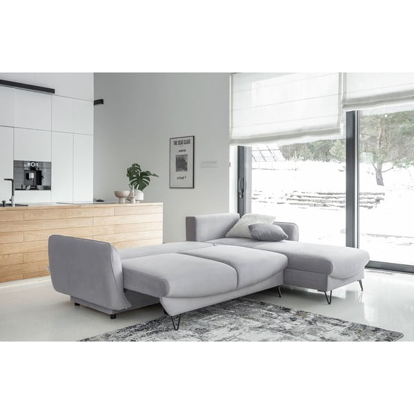 Světle šedá sametová rozkládací/s úložným prostorem rohová pohovka (pravý roh/s lenoškou) Silva – ELTAP-image-2