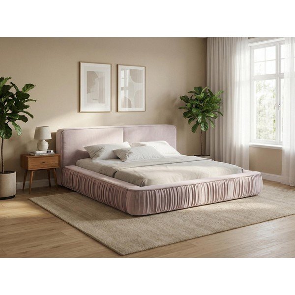 Krémová čalouněná dvoulůžková postel s úložným prostorem s roštem 140x200 cm Keoni – Makamii-image-1