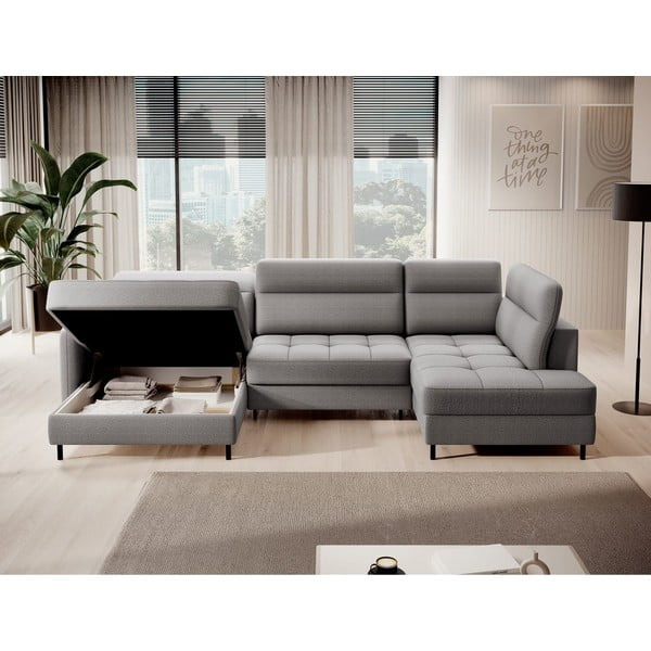 Světle šedá sametová rozkládací/s úložným prostorem rohová pohovka (pravý roh/do "U") Berrto – ELTAP-image-2