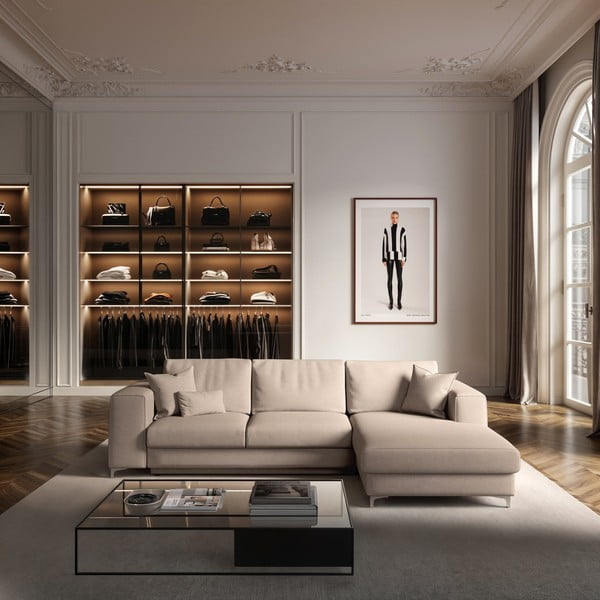 Béžová sametová rozkládací/s úložným prostorem rohová pohovka (pravý roh/s lenoškou) Rene – Rodier-image-1