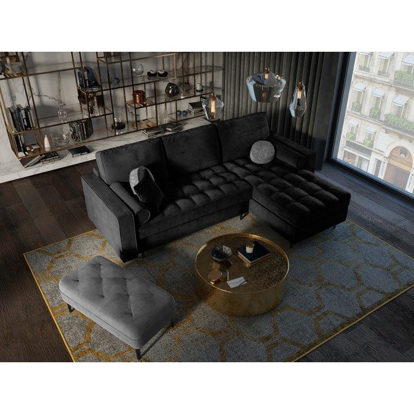 Černá sametová rozkládací rohová pohovka Milo Casa Santo, pravý roh-image-1