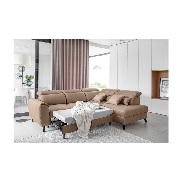 Světle hnědá sametová rozkládací/s úložným prostorem rohová pohovka (pravý roh/do L) Noble – ELTAP-image-4