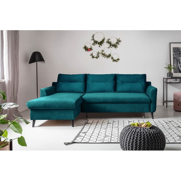 Tyrkysová sametová rozkládací rohová pohovka Miuform Stylish Stan, levý roh-image-1