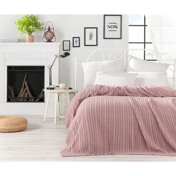 Pudrově růžový přehoz přes postel s příměsí bavlny Homemania Decor Camila, 220 x 240 cm