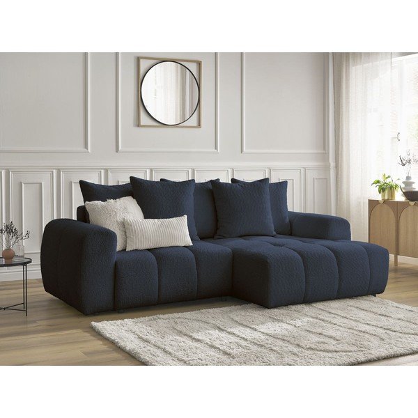 Modrá rozkládací/s úložným prostorem rohová pohovka z textilie bouclé (pravý roh/s lenoškou) Roxelane – Bobochic Paris-image-4